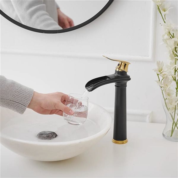 BWE Single Hole Single Handle Bathroom Vessel Sink Faucet With Drain Assembly in Matte Black & Gold