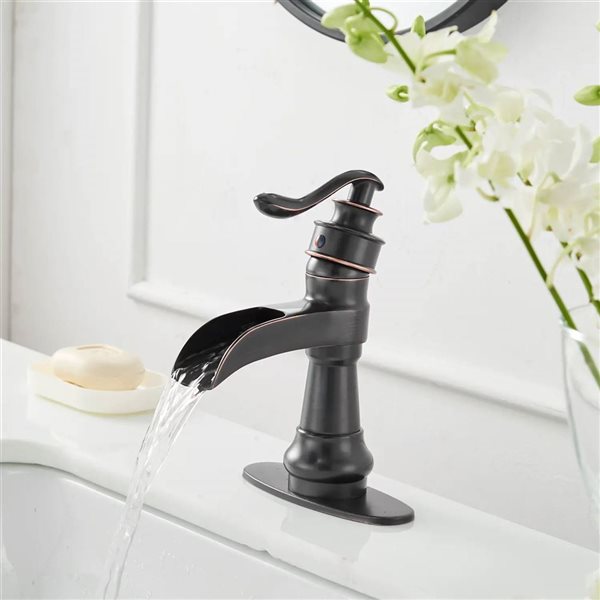 BWE Waterfall Single Hole Single-Handle Low-Arc Bathroom Faucet with Drain Assembly in Oil Rubbed Bronze