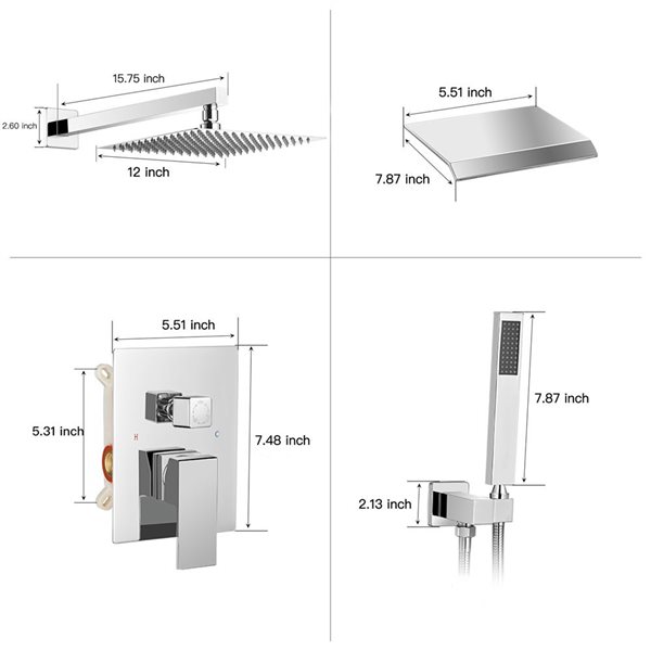 BWE 3-Spray Patterns With 2.5 GPM 12 in. Showerhead Wall Mounted Dual Shower Heads with Valve in Chrome