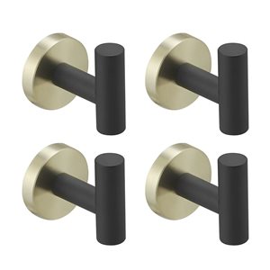 BWE 4-Pieces Round Shape J-Hook Robe/Towel Hook Wall Mount Bathroom Storage Modern in Black Gold