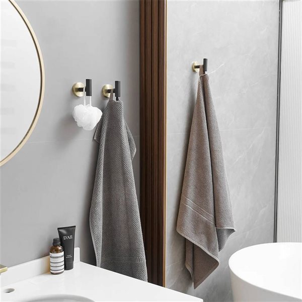 BWE 4-Pieces Round Shape J-Hook Robe/Towel Hook Wall Mount Bathroom Storage Modern in Black Gold