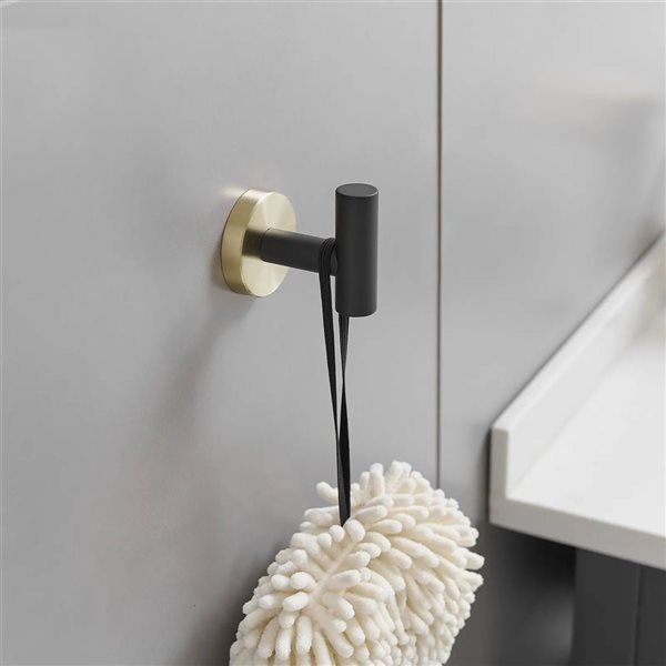 BWE 4-Pieces Round Shape J-Hook Robe/Towel Hook Wall Mount Bathroom Storage Modern in Black Gold