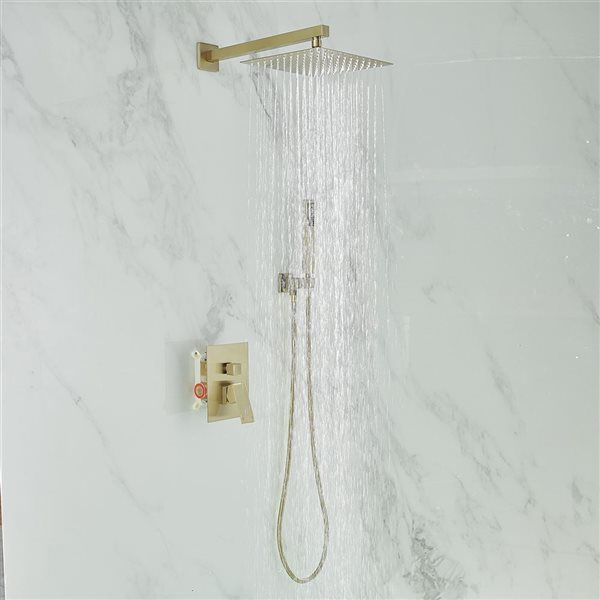 BWE Single Handle 2-Spray 10 inch Wall Mount Square Shower Head with Hand Shower Faucet in Brushed Gold