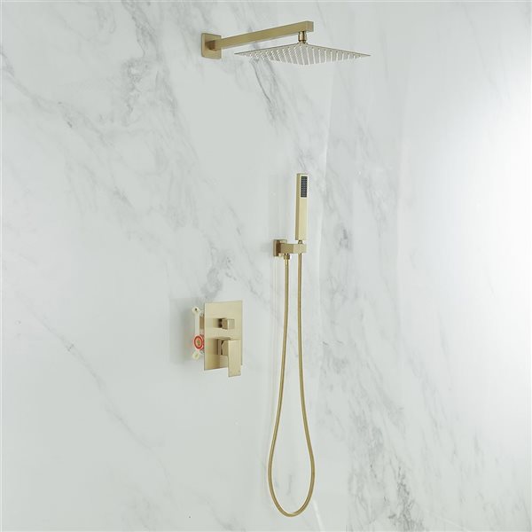 BWE Single Handle 2-Spray 10 inch Wall Mount Square Shower Head with Hand Shower Faucet in Brushed Gold