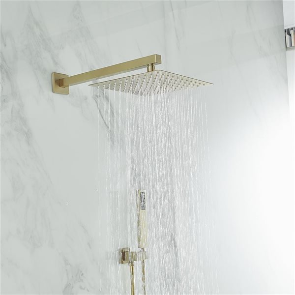 BWE Single Handle 2-Spray 10 inch Wall Mount Square Shower Head with Hand Shower Faucet in Brushed Gold