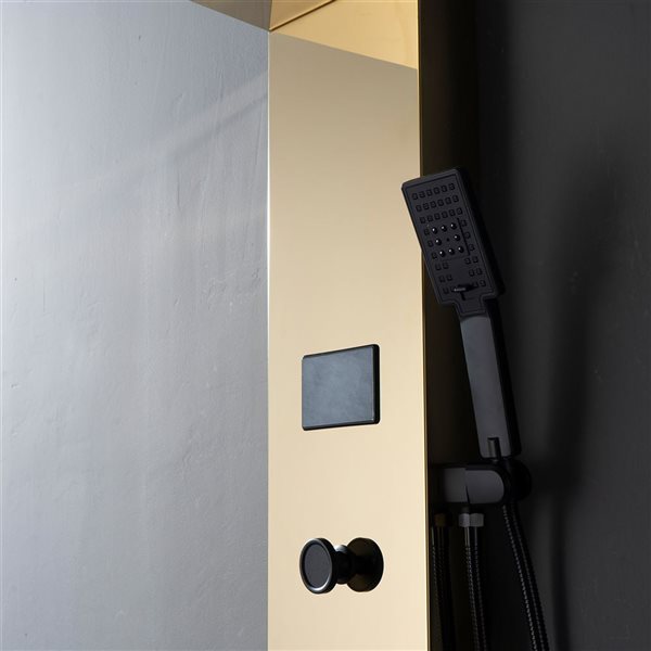 BWE 8-Jet Shower Panel System with Rainfall Waterfall Shower Head,Shower Wand,LED Light in Black Gold