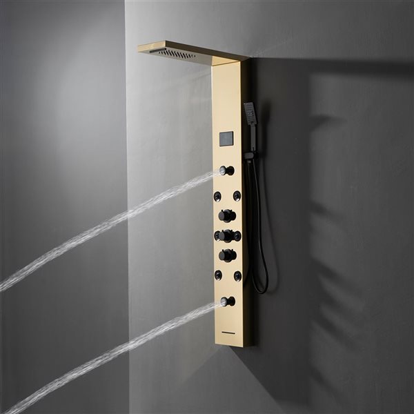 BWE 8-Jet Shower Panel System with Rainfall Waterfall Shower Head,Shower Wand,LED Light in Black Gold