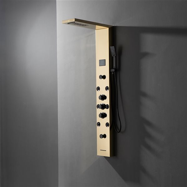 BWE 8-Jet Shower Panel System with Rainfall Waterfall Shower Head,Shower Wand,LED Light in Black Gold