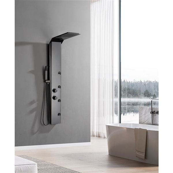 BWE 4-Jet Rainfall Shower Panel System with Rainfall Shower Head and Shower Wand in Black