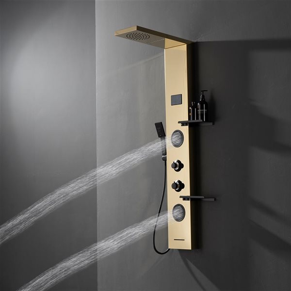 BWE 2-Jet Shower Panel System with Rainfall Shower Head,Shelf,STub Spout and LED Light in Black Gold