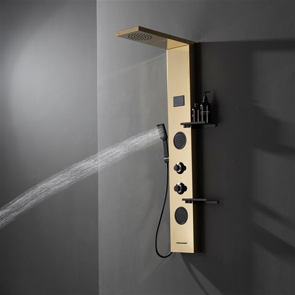 BWE 2-Jet Shower Panel System with Rainfall Shower Head,Shelf,STub Spout and LED Light in Black Gold