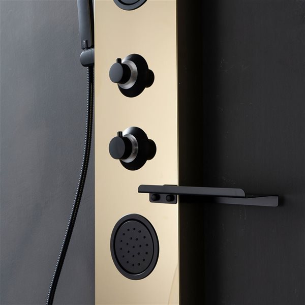 BWE 2-Jet Shower Panel System with Rainfall Shower Head,Shelf,STub Spout and LED Light in Black Gold