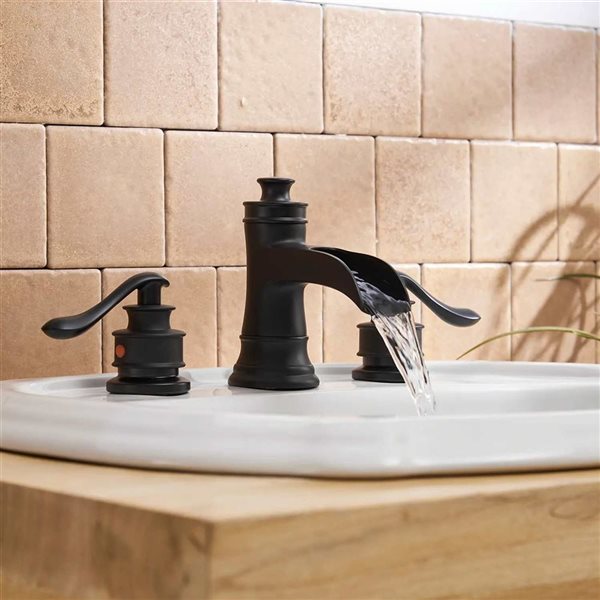 BWE 8 inch Waterfall Widespread 2-Handle Bathroom Faucet with Drain Assembly in Matte Black