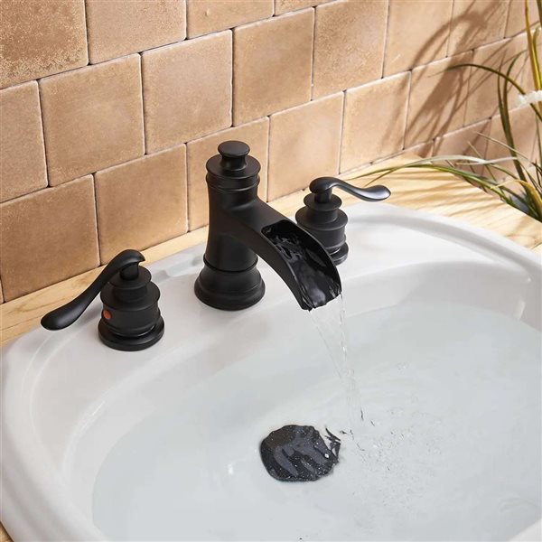 BWE 8 inch Waterfall Widespread 2-Handle Bathroom Faucet with Drain Assembly in Matte Black