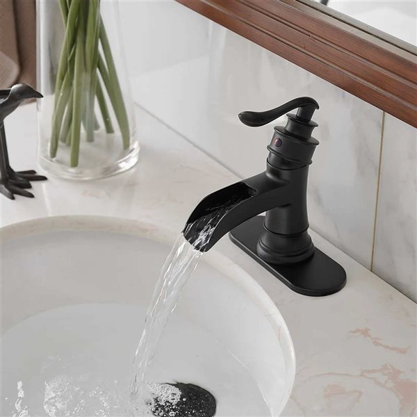 BWE Waterfall Single Hole Single-Handle Low-Arc Bathroom Faucet with Drain Assembly in Matte Black