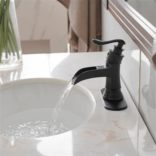 BWE Waterfall Single Hole Single-Handle Low-Arc Bathroom Faucet with Drain Assembly in Matte Black