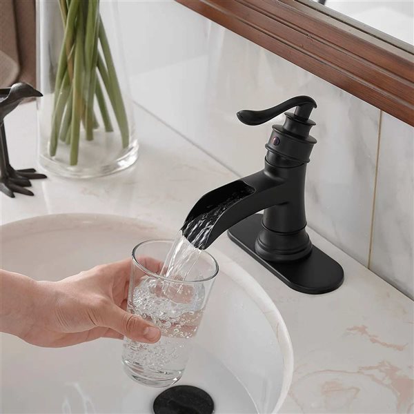 BWE Waterfall Single Hole Single-Handle Low-Arc Bathroom Faucet with Drain Assembly in Matte Black