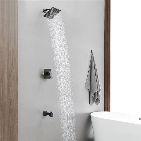 BWE Modern Single-Handle 2-Spray Rainfall Square Shower Faucet Set with Tub Spout Combo in Matte Black