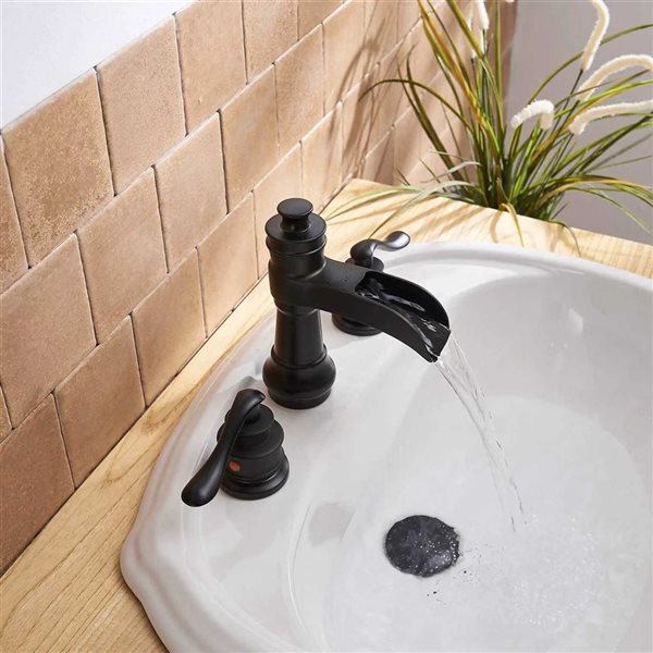 BWE 8 inch Waterfall Widespread 2-Handle Bathroom Faucet with Drain Assembly in Spot Resist Matte Black