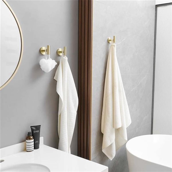 BWE 4-Pieces Round Shape J-Hook Robe/Towel Hook Wall Mount Bathroom Storage Modern in Brushed Gold