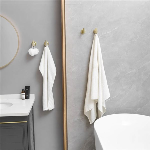 BWE 4-Pieces Round Shape J-Hook Robe/Towel Hook Wall Mount Bathroom Storage Modern in Brushed Gold