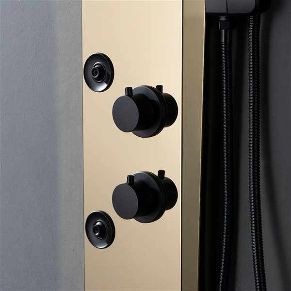 BWE 4-Jet Rainfall Shower Panel System with Rainfall Shower Head and Shower Wand in Black Gold