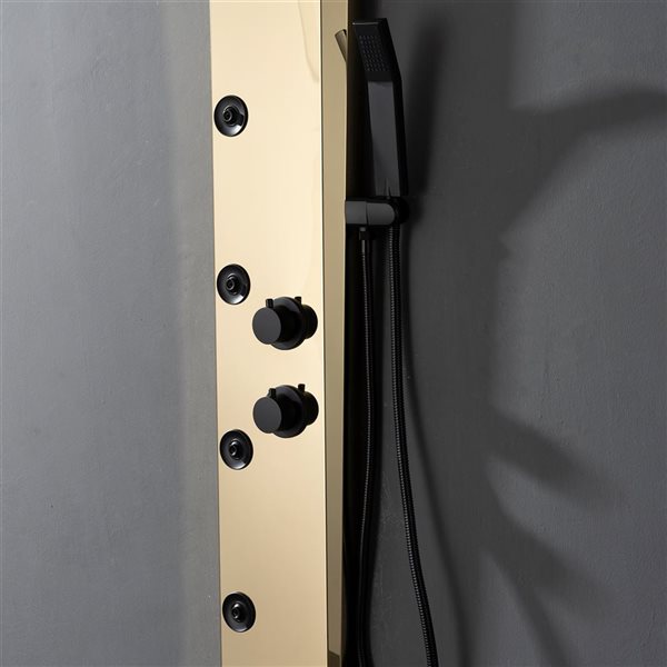 BWE 4-Jet Rainfall Shower Panel System with Rainfall Shower Head and Shower Wand in Black Gold