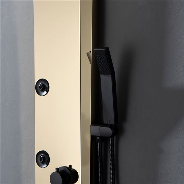 BWE 4-Jet Rainfall Shower Panel System with Rainfall Shower Head and Shower Wand in Black Gold