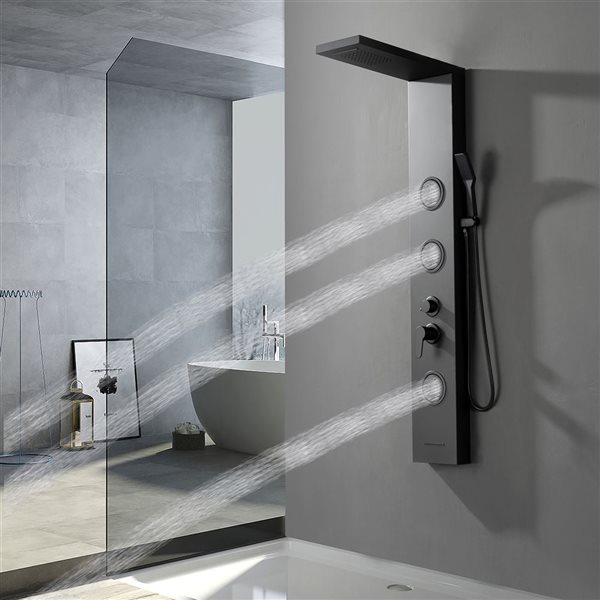 BWE 3-Jet Rainfall Shower Panel System with Rainfall Shower Head and Shower Wand in Black