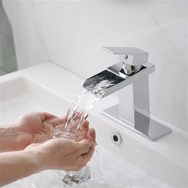 BWE Waterfall Single Hole Single-Handle Bathroom Faucet With Pop-up Drain Assembly in Polished Chrome