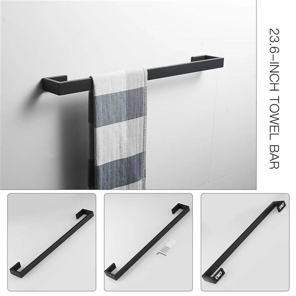 BWE 4-Piece Bath Hardware Set in Matte Black with Toilet Paper Holder,Towel Hook and 24 inch Towel Bar