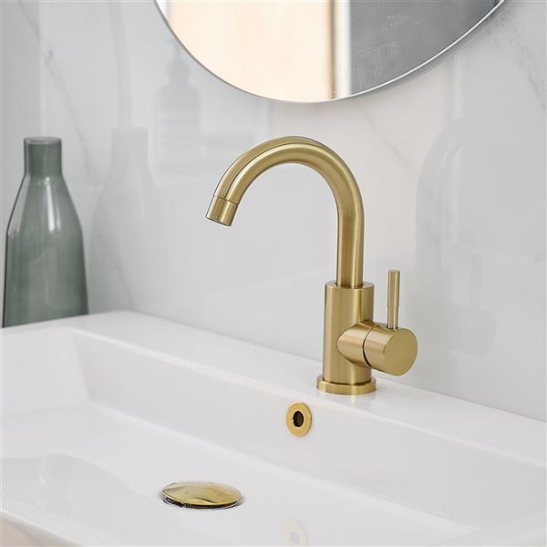 BWE Single Hole Single-Handle Mid Arc Bathroom Faucet with Swivel Spout in Brushed Gold