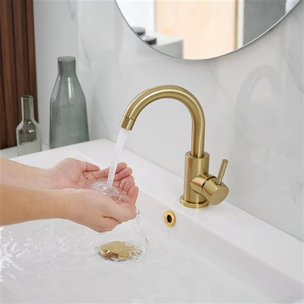 BWE Single Hole Single-Handle Mid Arc Bathroom Faucet with Swivel Spout in Brushed Gold