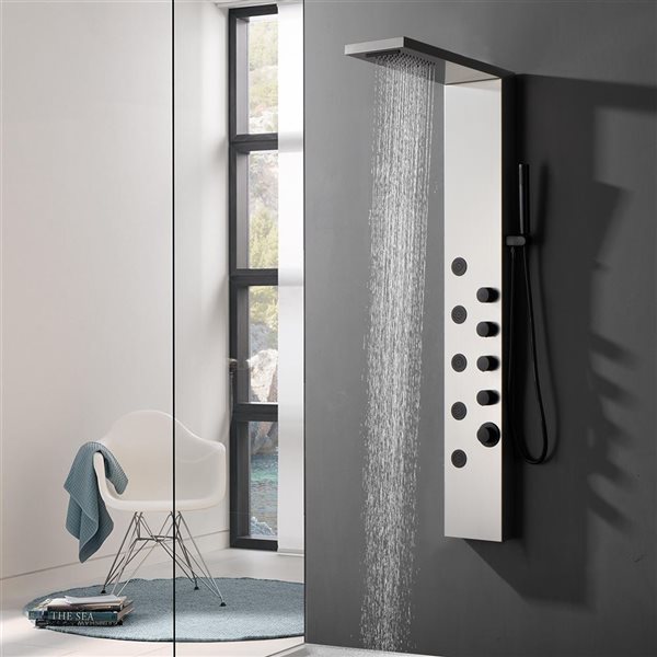 BWE 5-Jet Shower Panel Tower System with Rainfall Waterfall Shower Head and Shower Wand in Black Nickel