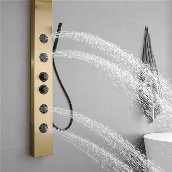 BWE 4-Jet Rainfall Shower Panel System with Rainfall Waterfall Shower Head and Shower Wand in Black Gold