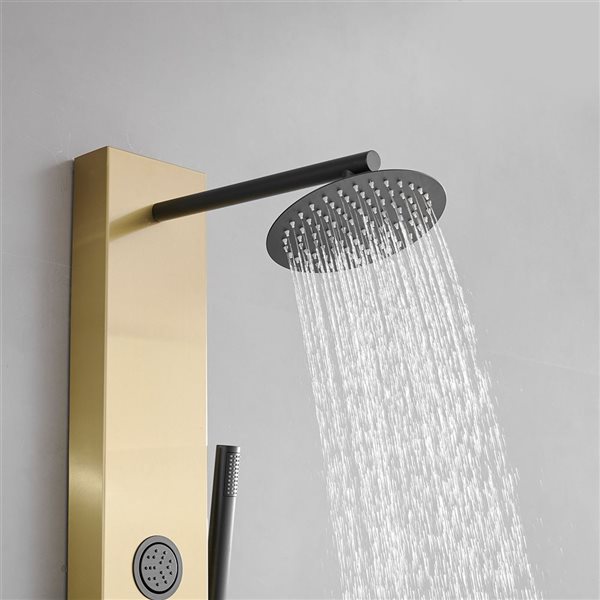 BWE 4-Jet Rainfall Shower Panel System with Rainfall Waterfall Shower Head and Shower Wand in Black Gold