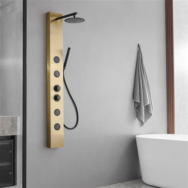 BWE 4-Jet Rainfall Shower Panel System with Rainfall Waterfall Shower Head and Shower Wand in Black Gold