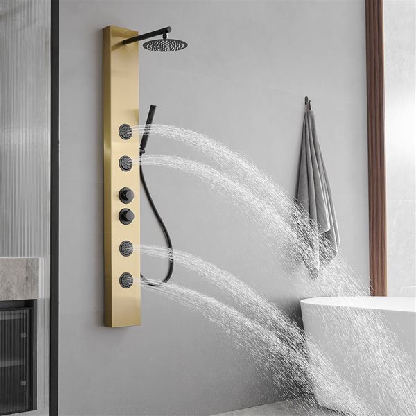 BWE 4-Jet Rainfall Shower Panel System with Rainfall Waterfall Shower Head and Shower Wand in Black Gold