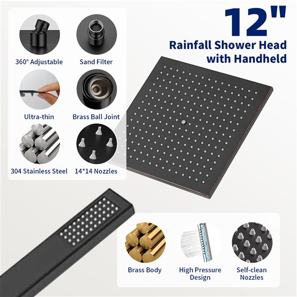 BWE 2-Spray Patterns 12 inch Showerhead Wall Mounted Dual Shower Heads with Valve in Oil Rubbed Bronze