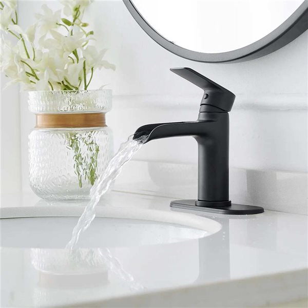 BWE Waterfall Single Handle Single Hole Modern Bathroom Faucet Bathroom Vanity Sink Faucet in Black