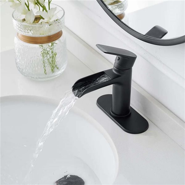 BWE Waterfall Single Handle Single Hole Modern Bathroom Faucet Bathroom Vanity Sink Faucet in Black