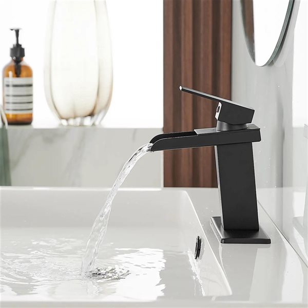 BWE 6009 Waterfall Single Hole Single-Handle Low-Arc Bathroom Faucet with Drain Assembly in Matte Black