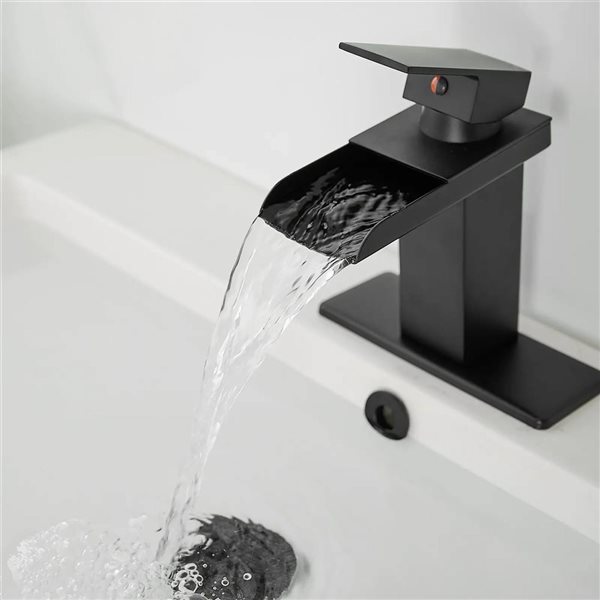 BWE 6009 Waterfall Single Hole Single-Handle Low-Arc Bathroom Faucet with Drain Assembly in Matte Black