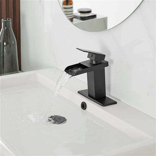 BWE 6009 Waterfall Single Hole Single-Handle Low-Arc Bathroom Faucet with Drain Assembly in Matte Black