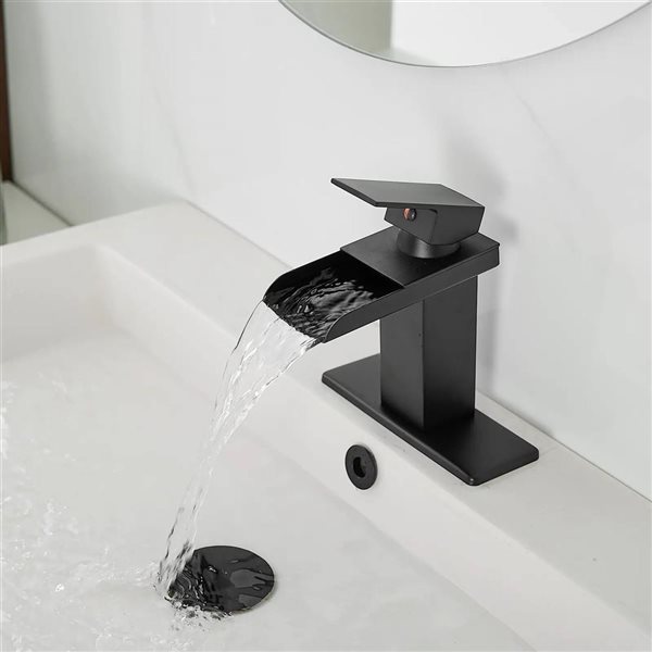 BWE 6009 Waterfall Single Hole Single-Handle Low-Arc Bathroom Faucet with Drain Assembly in Matte Black