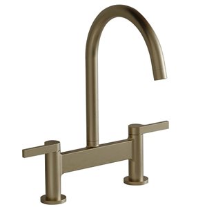 BWE Modern Double Handle 2 Holes Deck Mount Bridge Kitchen Faucet With 360°Spout Sink Faucet In Gold