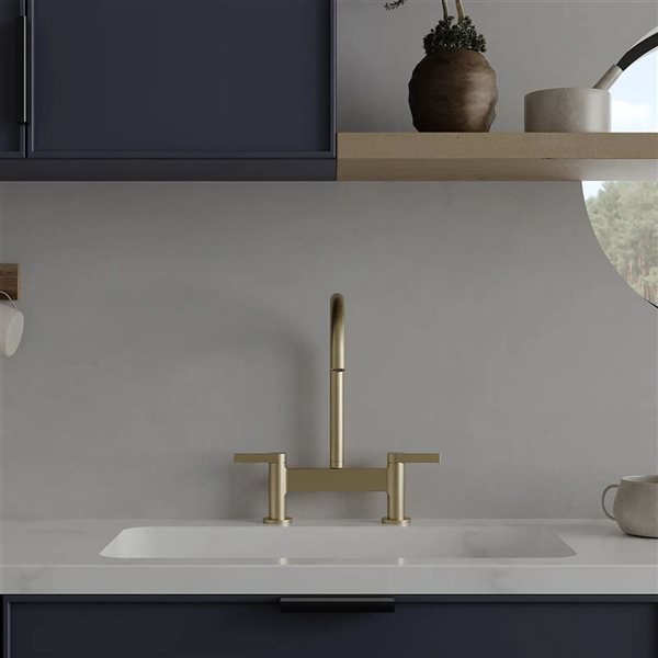 BWE Modern Double Handle 2 Holes Deck Mount Bridge Kitchen Faucet With 360°Spout Sink Faucet In Gold