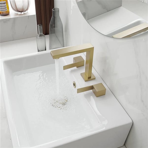 BWE 8 in. Widespread Double Handle High-Arc Bathroom Faucet Water-Saving With Drain Kit In Brushed Gold