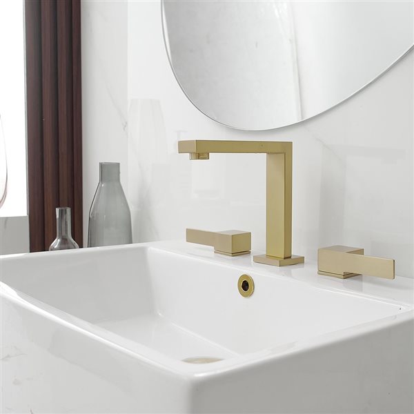 BWE 8 in. Widespread Double Handle High-Arc Bathroom Faucet Water-Saving With Drain Kit In Brushed Gold