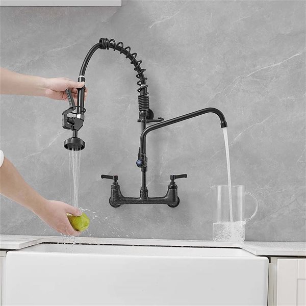 BWE Restaurant Pull Down 2-Handle Wall Mount Pre-Rinse Spray Utility Kitchen Faucet in Matte Black